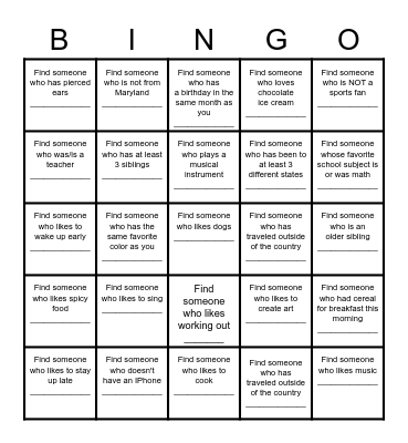 Find a Friend Bingo Card