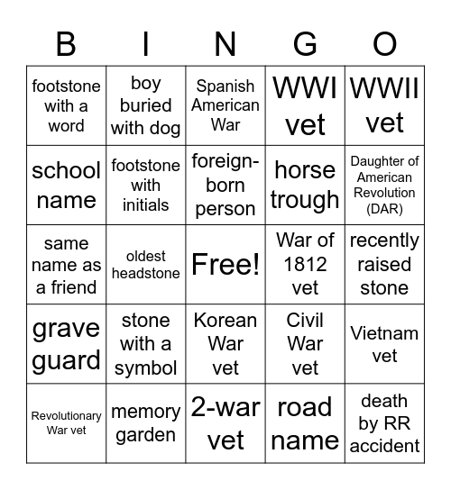 Newark Union Veterans Day Bingo Card