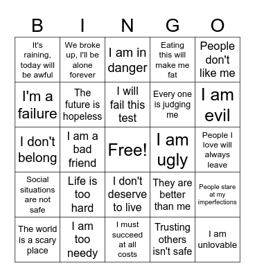 Negative Core Beliefs Bingo Card