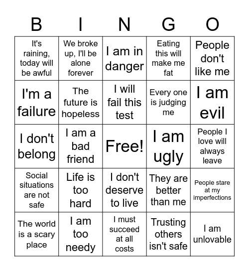 Negative Core Beliefs Bingo Card