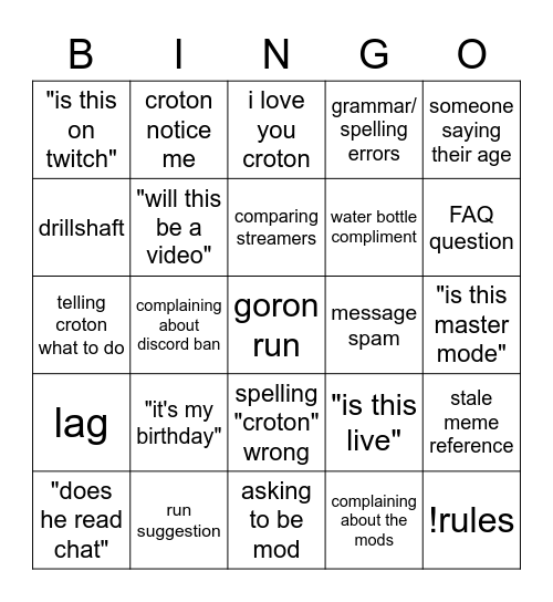 Croton's Stream Chat Bingo Card