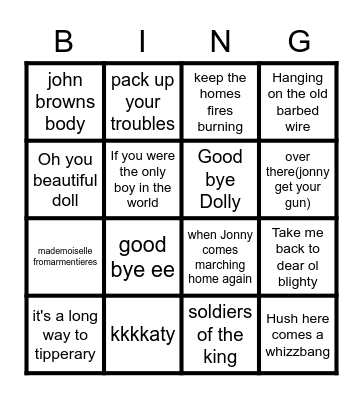 Songs from WW1 Bingo Card
