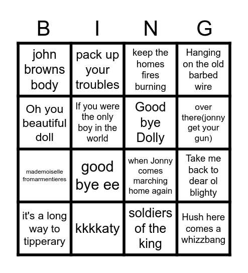 Songs from WW1 Bingo Card