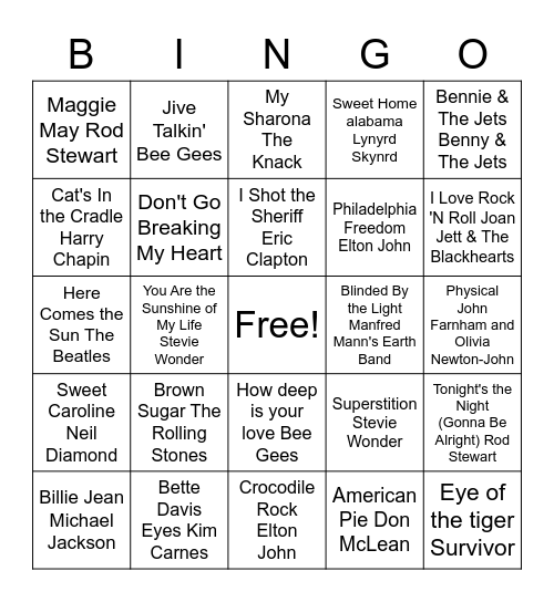 70's Bingo Card