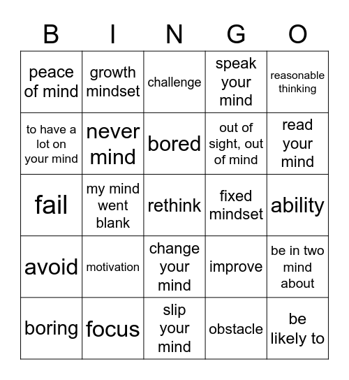 Rethinking your mindset!  Bingo Card