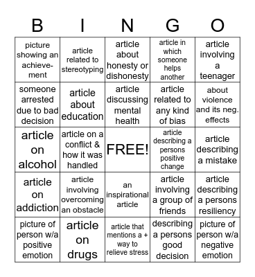 Social and Emotional Health Bingo Card