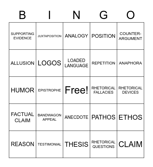 Argumentative Texts Bingo Card