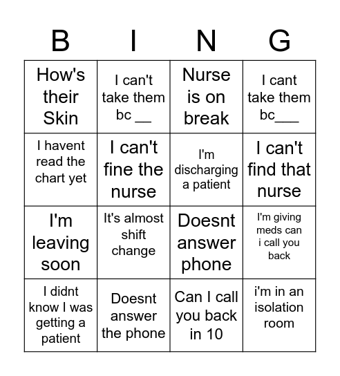 Nurse Report Bingo Card