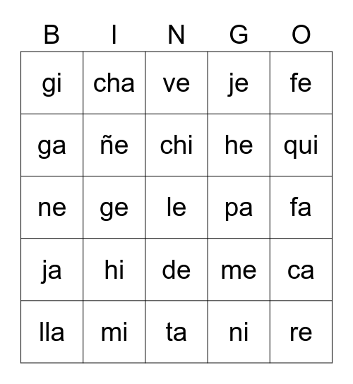 Silabas Bingo Card