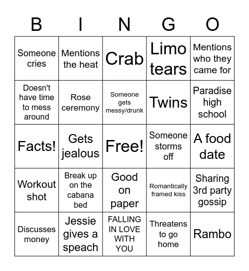 Bachelor Paradise Bingo Card