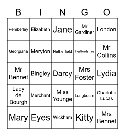 Pride & Prejudice Bingo Card