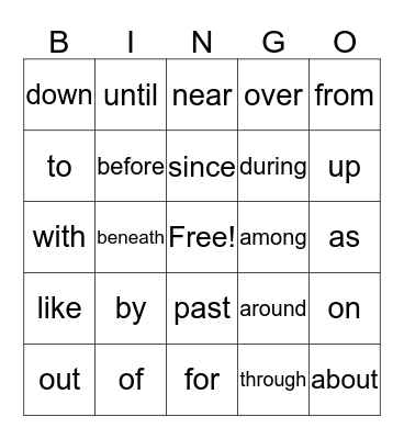 Prepositions  Bingo Card