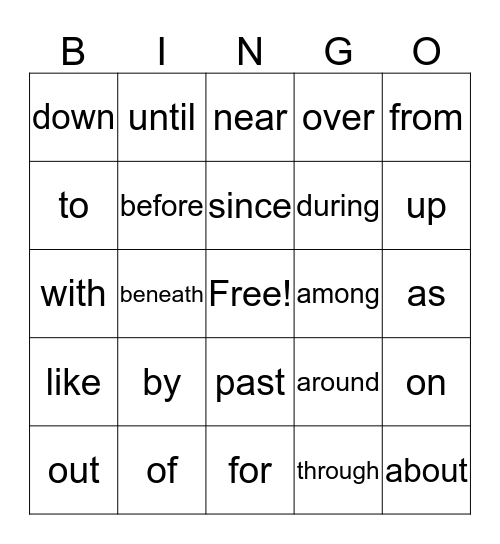 Prepositions  Bingo Card