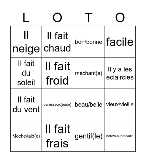 DESCRIPTIONS ET QUEL TEMPS FAIT-IL? Bingo Card