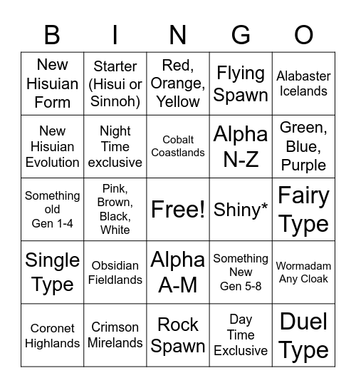 Legends Arceus Bingo Card