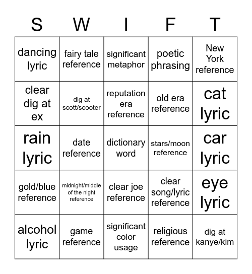 Taylor Swift 101 Bingo Card