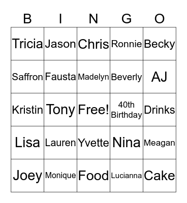 Lucianna's 40th Birthday Bingo Card