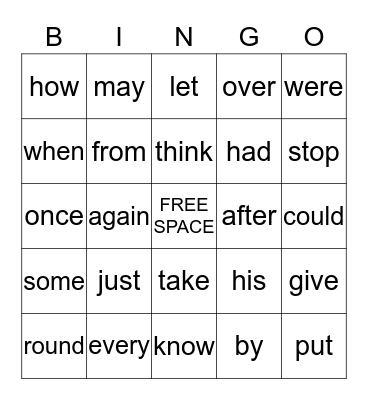 Sight Word Bingo Card