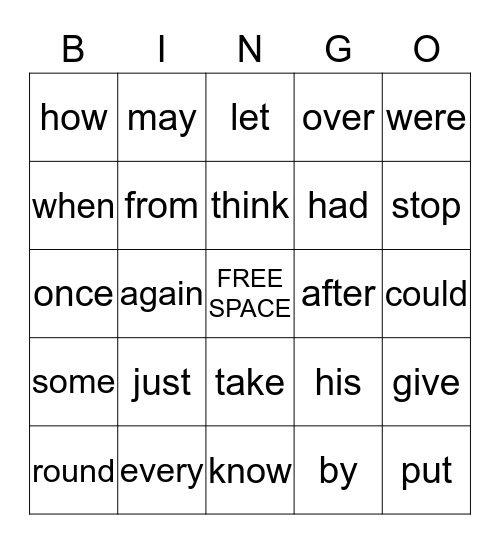 Sight Word Bingo Card