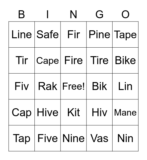 Long I/A Bingo Card