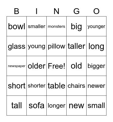 Adjectives Bingo Card