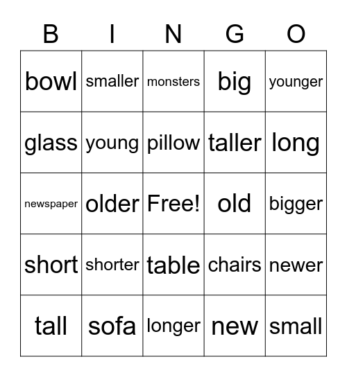 Adjectives Bingo Card