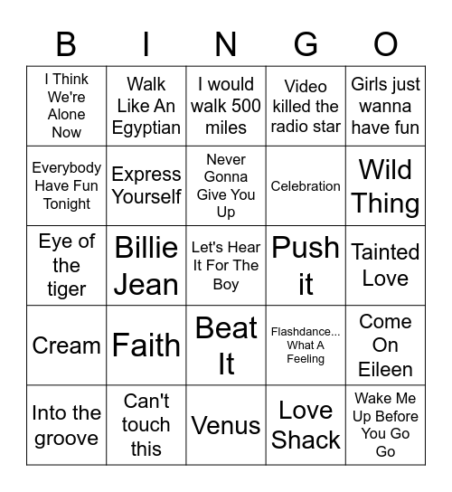 Macalisters 80's Dance Bingo Card