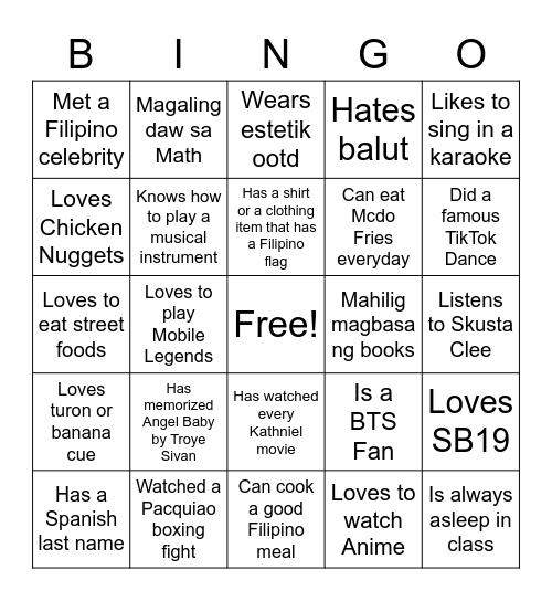 Ultimate Filipino Human Bingo Card