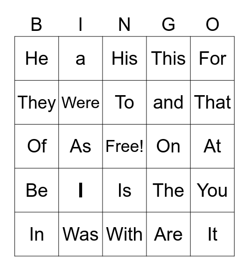 Sight Word Bingo Card