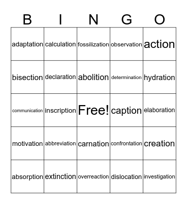 Words ending in tion Bingo Card