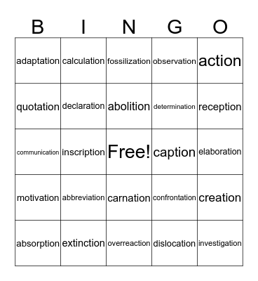 Words ending in tion Bingo Card