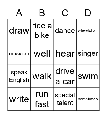 People with special talents Bingo Card