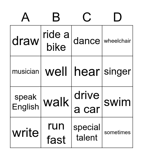 People with special talents Bingo Card