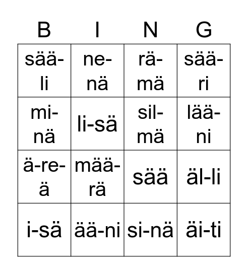 Ä-sanoja Bingo Card