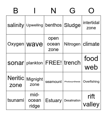 Oceans Bingo Card