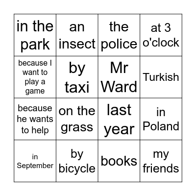 Questions Bingo Card