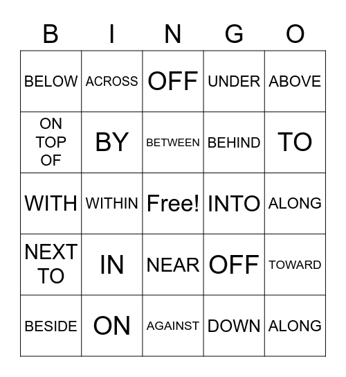 PREPOSITIONS Bingo Card