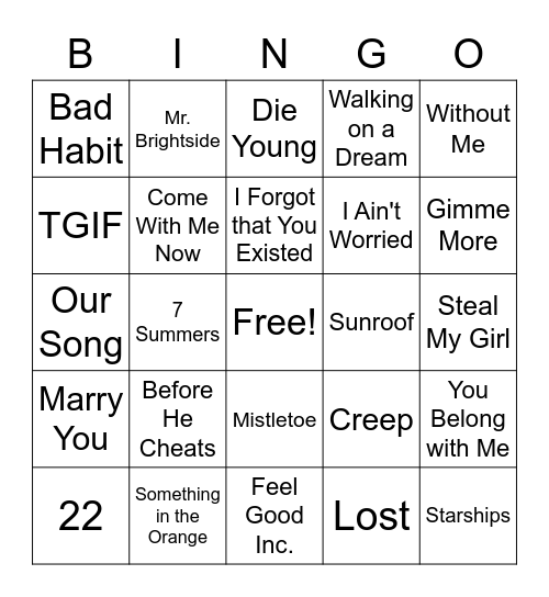 Song Bingo #6 Bingo Card