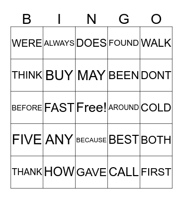 Sight Words Bingo Card