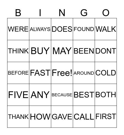 Sight Words Bingo Card