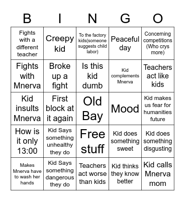 Out of Pocket Kid Bingo Card