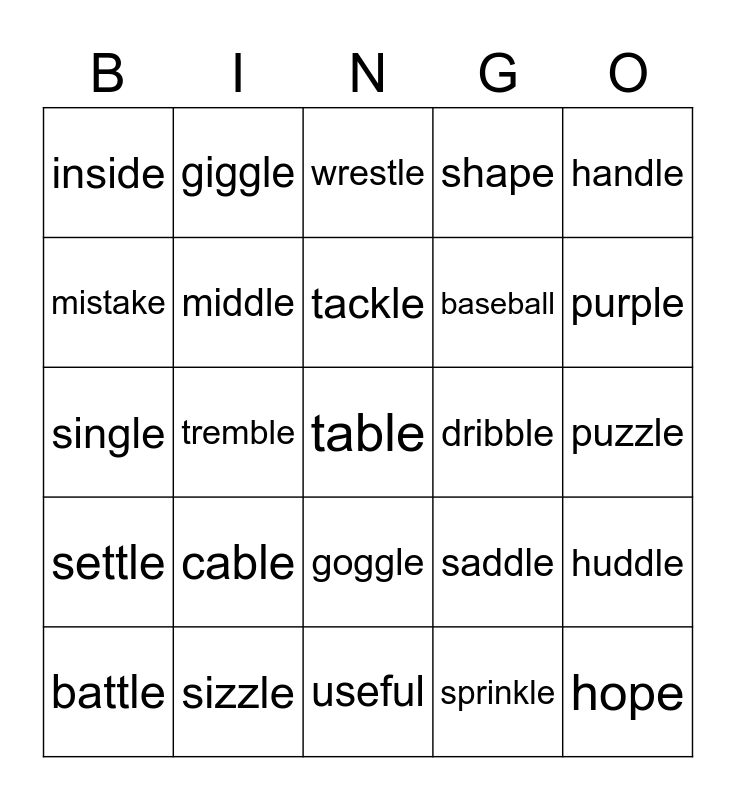 Words Ending In le Bingo Card