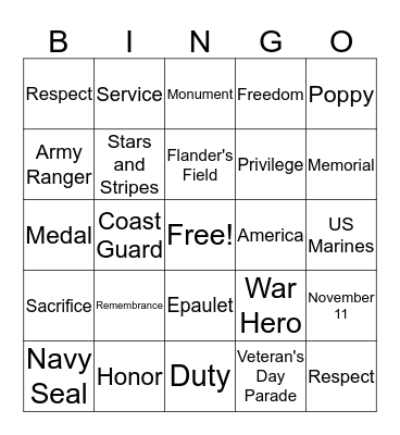 Veteran's Day Bingo Card