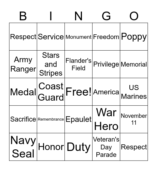 Veteran's Day Bingo Card