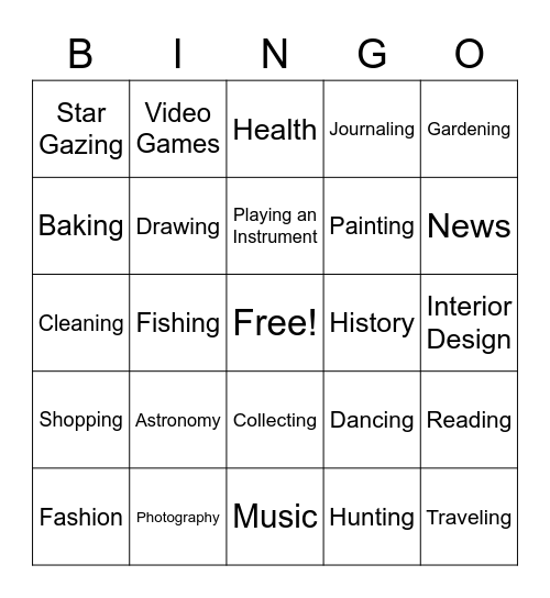 Interests Bingo Card
