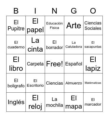Las clases y los utíles Bingo Card