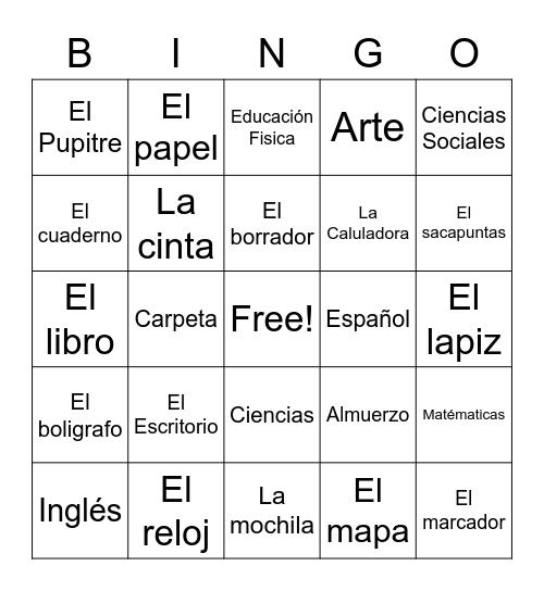 Las clases y los utíles Bingo Card