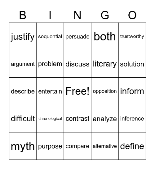 Vocabulary Bingo Card