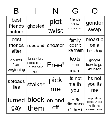 Breakup Bingo Card