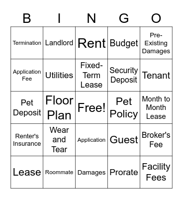 Apartment Rental Vocabulary Bingo Card